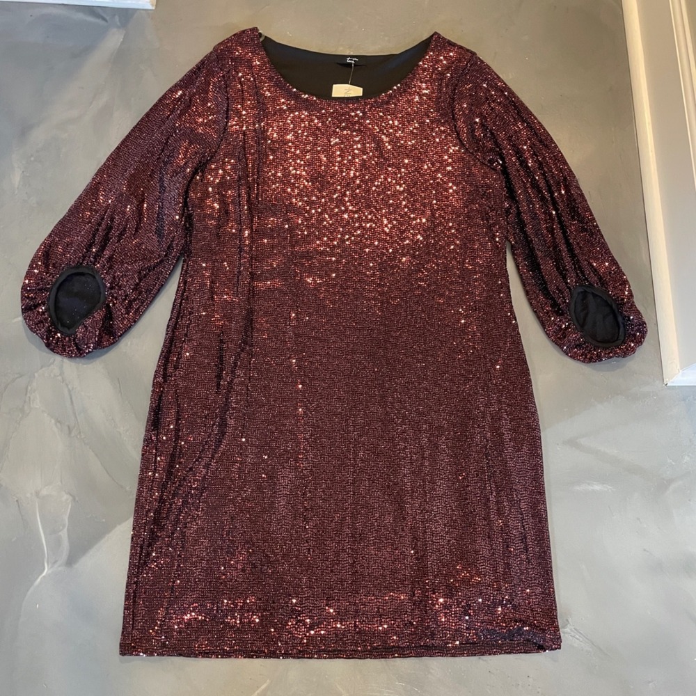 Nellie Mae Plus Two Burgundy Love You Forever Sequin Balloon Sleeve Dress 3X